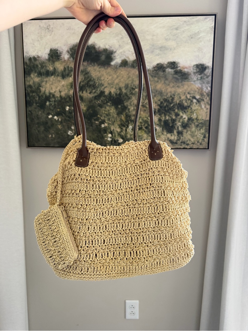 Sonoma Crochet Woven Straw Shoulder Tote in Beige with Dark Brown Handles